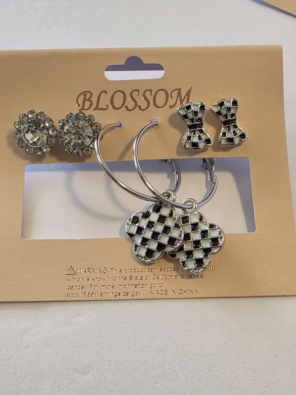 Fashion Jewelry Black & Silver Checkerboard Earring Set